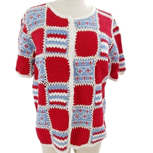 Awesome red, white & blue granny square crochet short sleeve sweater medium - Picture 2 of 8